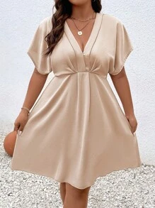 Celure 大碼素色蝙蝠袖A字連衣裙 - 卡其色 - 查看 4