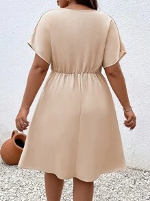 Celure 大碼素色蝙蝠袖A字連衣裙 - 卡其色 - 查看 2