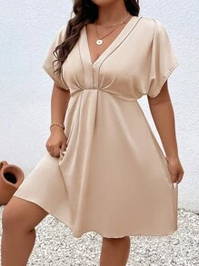 Celure 大碼素色蝙蝠袖A字連衣裙 - 卡其色 - 查看 5