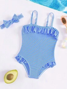 Baby Girl Striped Ruffle Trim One Piece Swimsuit With Headband
