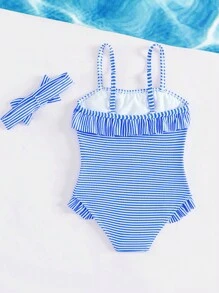Baby Girl Striped Ruffle Trim One Piece Swimsuit With Headband