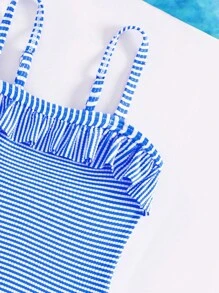 Baby Girl Striped Ruffle Trim One Piece Swimsuit With Headband