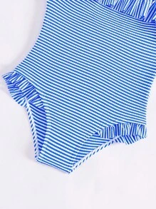 Baby Girl Striped Ruffle Trim One Piece Swimsuit With Headband