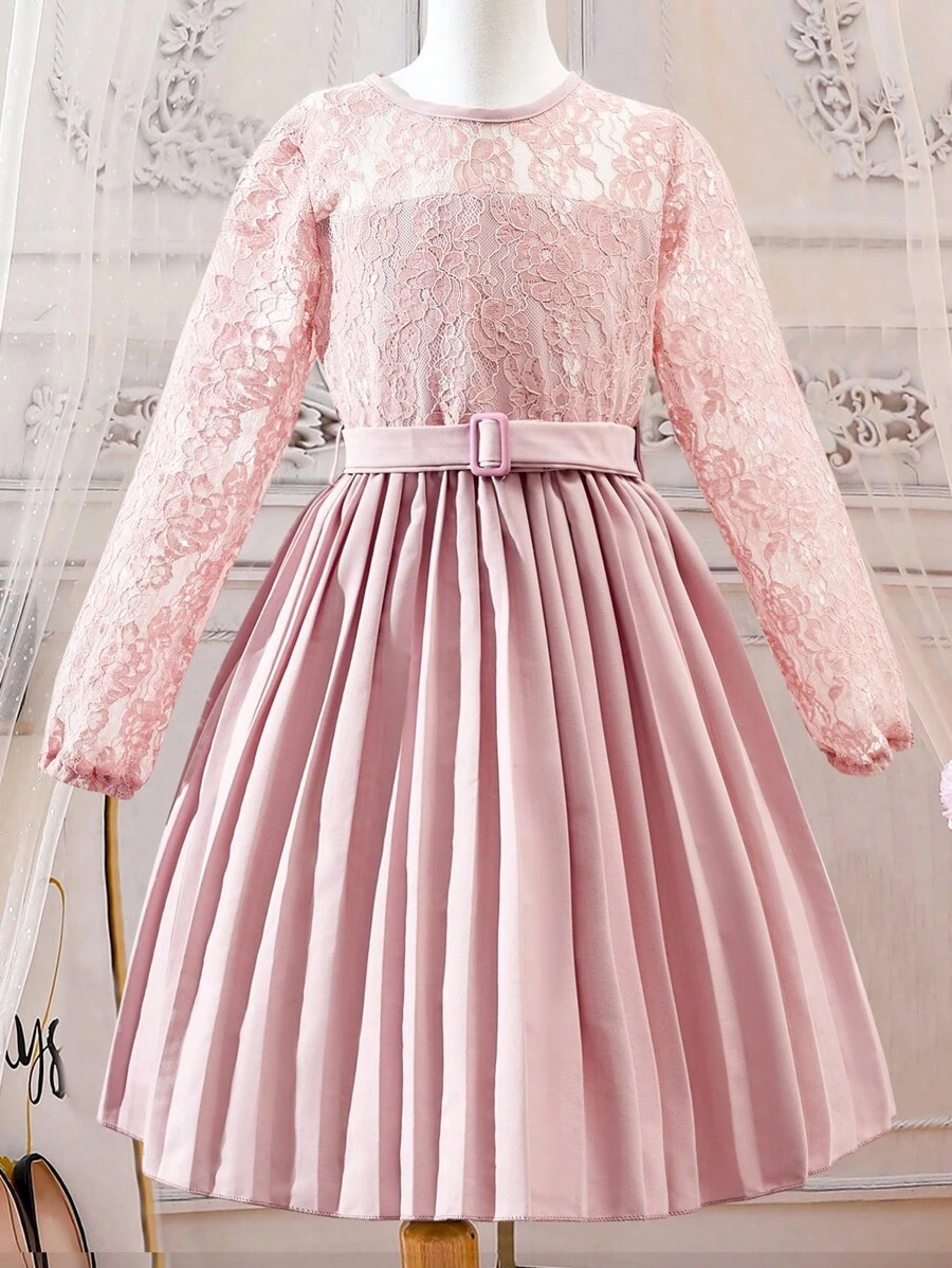 SHEIN Đầm Gái Thắt lưng Tương phản ren Xếp li màu trơn Dễ thương - Bụi hồng - Xem 1