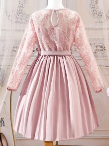 SHEIN Đầm Gái Thắt lưng Tương phản ren Xếp li màu trơn Dễ thương - Bụi hồng - Xem 2