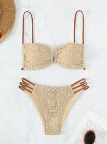 SHEIN Swim Smocked Cut Out Bikini Set,Summer Beach - Champagne - View 1