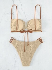 SHEIN Swim Smocked Cut Out Bikini Set,Summer Beach - Champagne - View 2