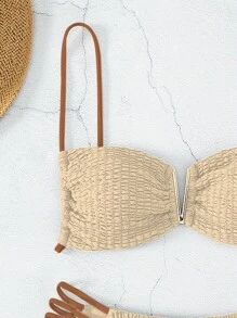 SHEIN Swim Smocked Cut Out Bikini Set,Summer Beach - Champagne - View 4