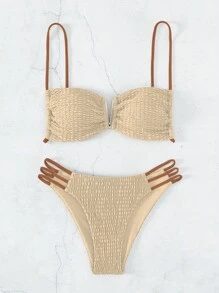 SHEIN Swim Smocked Cut Out Bikini Set,Summer Beach - Champagne - View 5