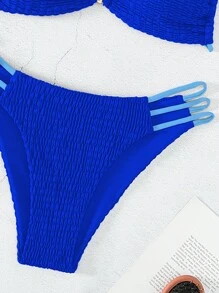 打褶鏤空比基尼泳裝 - 寶藍色 - 查看 3