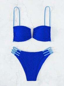 打褶鏤空比基尼泳裝 - 寶藍色 - 查看 5