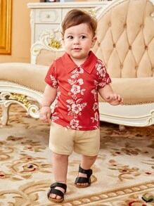 SHEIN Baby Boy Floral Print Shirt & Shorts - Multicolor - View 1