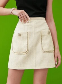 MOTF PREMIUM Váy nữ Nút Túi Dây kéo màu trơn Thanh lịch - Màu be - Xem 2