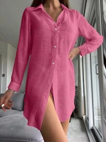 SHEIN Swim Solid Button Front Kimono Summer - Hot Pink - View 1