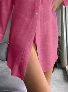 SHEIN Swim Solid Button Front Kimono Summer - Hot Pink - View 3