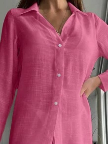 SHEIN Swim Solid Button Front Kimono Summer - Hot Pink - View 4