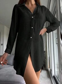 SHEIN Swim Solid Button Front Kimono - Black - View 1