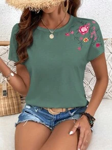 SHEIN LUNE 印花蝙蝠袖T恤 - 綠色 - 查看 1