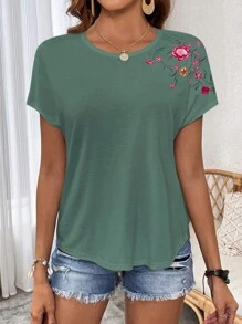 SHEIN LUNE 印花蝙蝠袖T恤 - 綠色 - 查看 4