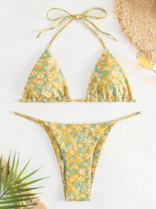SHEIN Swim Ditsy Floral Triangle Thong Bikini Set For Summer Beach - Yellow - View 4