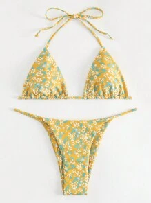 SHEIN Swim Ditsy Floral Triangle Thong Bikini Set For Summer Beach - Yellow - View 5