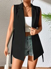 EMERY ROSE 西裝領側打結馬甲西裝外套 - 黑色 - 查看 5