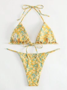 SHEIN Swim Ditsy Floral Triangle Thong Bikini Set For Summer Beach - Yellow - View 8