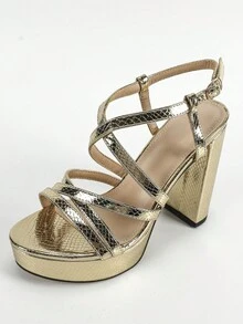 Sandálias de Salto Alto Plataforma Grossa Impermeável Douradas Femininas, Sandálias de Festa com Elemento Metálico, Versáteis e Estilosas, Adequadas para Ação de Graças, Natal, Festas Familiares, Todas as Estações - Dourado - Visão 6