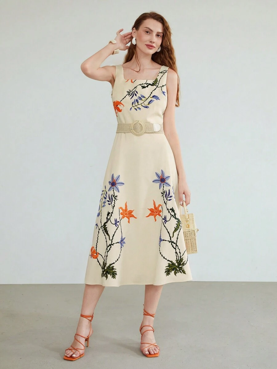 MOTF PREMIUM EMBROIDERED FLORAL DRESS WITHOUT BELT,SUMMER OUTFITS FOR BEACH VACATION