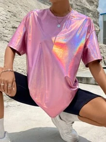 SHEIN Unity Holographic Drop Shoulder Tee - Pink - View 1