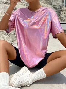 SHEIN Unity Holographic Drop Shoulder Tee - Pink - View 3
