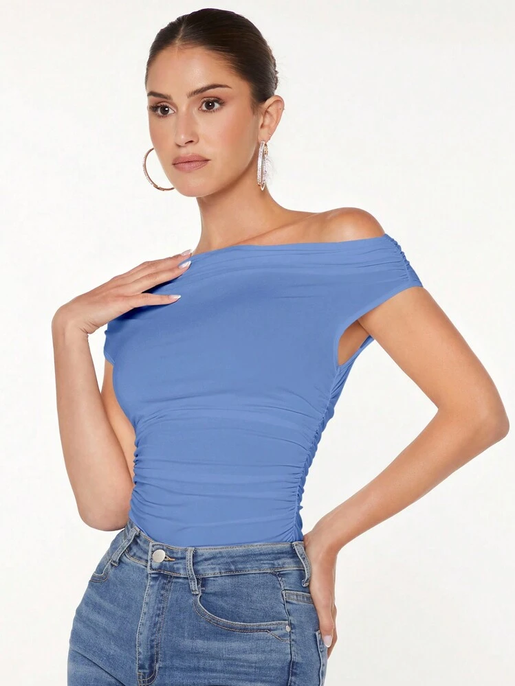 SHEIN BAE Áo phông xếp nếp cổ bất đối xứng, đi chơi - Màu xanh bụi bặm - Xem 3