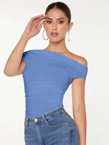 SHEIN BAE Áo phông xếp nếp cổ bất đối xứng, đi chơi - Màu xanh bụi bặm - Xem 5