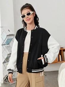 SHEIN 青少年女孩標語和卡通臉圖案條紋飾邊落肩袖雙色學院風夾克 - 黑與白 - 查看 2