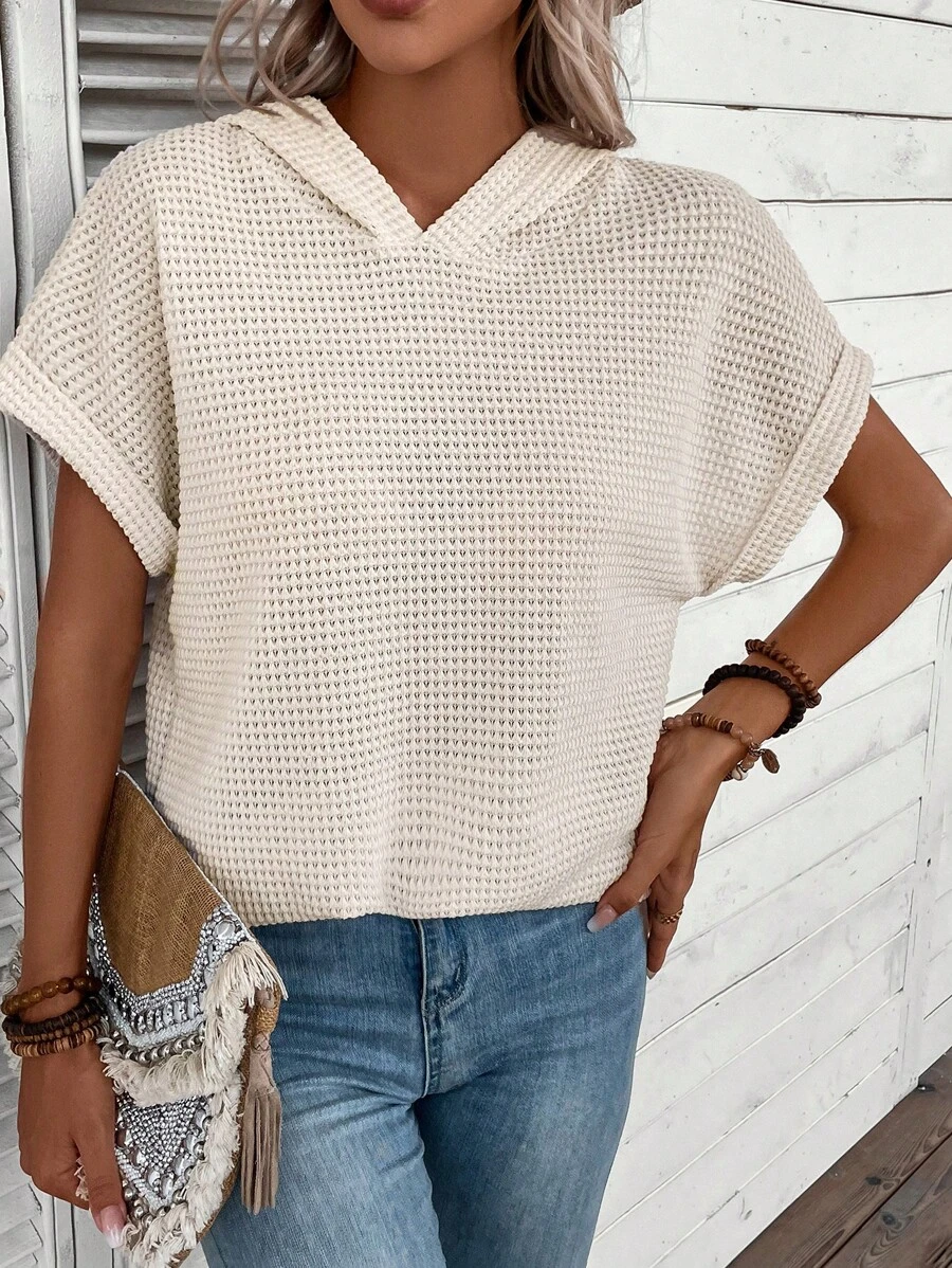 EMERY ROSE 華夫格編織蝙蝠袖連帽衛衣 - 米色 - 查看 1