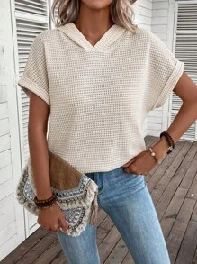 EMERY ROSE 華夫格編織蝙蝠袖連帽衛衣 - 米色 - 查看 6