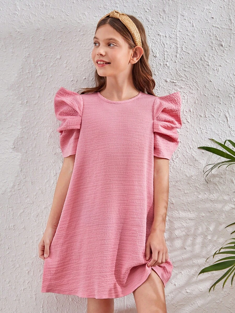 SHEIN Váy tay phồng kết cấu bằng vải dệt thời trang cho các cô gái lớn - Màu Hồng baby - Xem 1