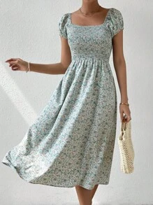 SHEIN Frenchy Ditsy Floral Print Square Neck Puff Sleeve Dress - Mint Green - View 3
