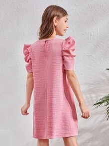 SHEIN Váy tay phồng kết cấu bằng vải dệt thời trang cho các cô gái lớn - Màu Hồng baby - Xem 2
