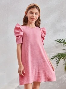 SHEIN Váy tay phồng kết cấu bằng vải dệt thời trang cho các cô gái lớn - Màu Hồng baby - Xem 4