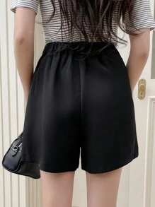 DAZY 素色拼接細節闊腿短褲 - 黑色 - 查看 2