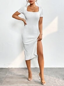 SHEIN PETITE Đầm Gân đan Tách cao màu trơn Thanh lịch - trắng - Xem 3