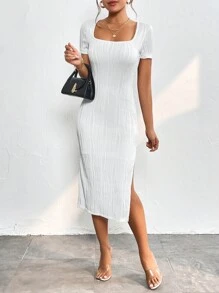 SHEIN PETITE Đầm Gân đan Tách cao màu trơn Thanh lịch - trắng - Xem 4