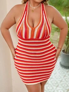 SHEIN VCAY 大碼條紋圖案露背繞頸毛衣裙 - 彩色 - 查看 3