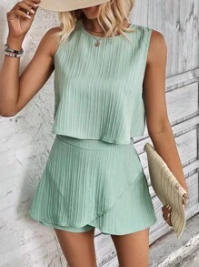 SHEIN Privé Chất rắn Áo ba lỗ & Quần short - màu xanh lá - Xem 1