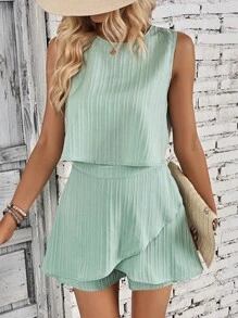 SHEIN Privé Chất rắn Áo ba lỗ & Quần short - màu xanh lá - Xem 6