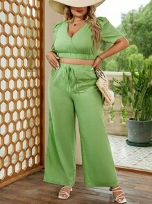 SHEIN VCAY 大碼泡泡袖短款上衣和闊腿褲 - 綠色 - 查看 3