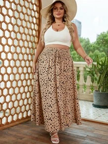 SHEIN VCAY 大碼斑點印花前打結半身裙 - 卡其色 - 查看 1