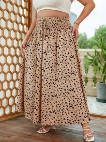 SHEIN VCAY 大碼斑點印花前打結半身裙 - 卡其色 - 查看 3