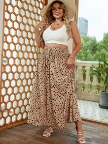 SHEIN VCAY 大碼斑點印花前打結半身裙 - 卡其色 - 查看 4